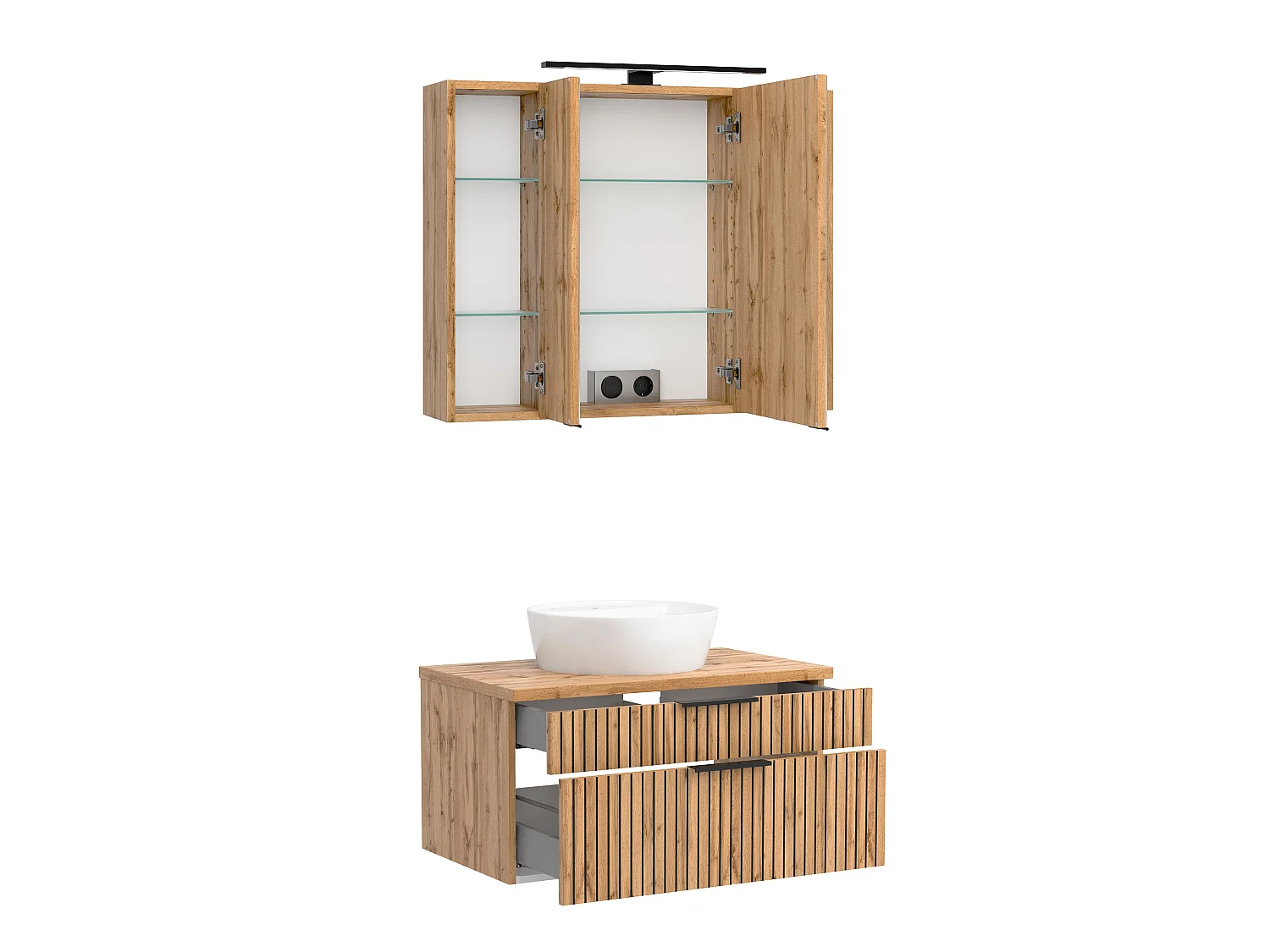 Held Möbel Ensemble de meuble-lavabo 2 pièces Liverpool chêne Wotan / noir rayé L/H/P 80 x 200 x 47 cm
