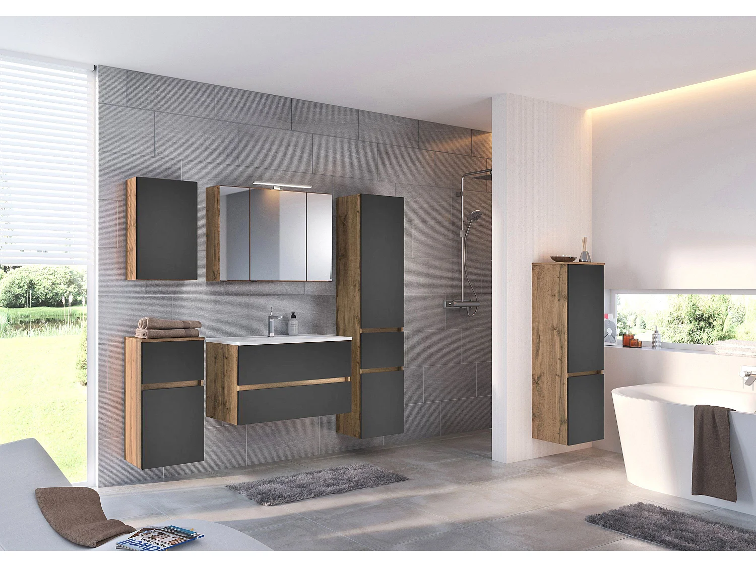 Held Möbel Meuble-lavabo Lucca gris mat / chêne Wotan L/H/P 80 x 54 x 47 cm