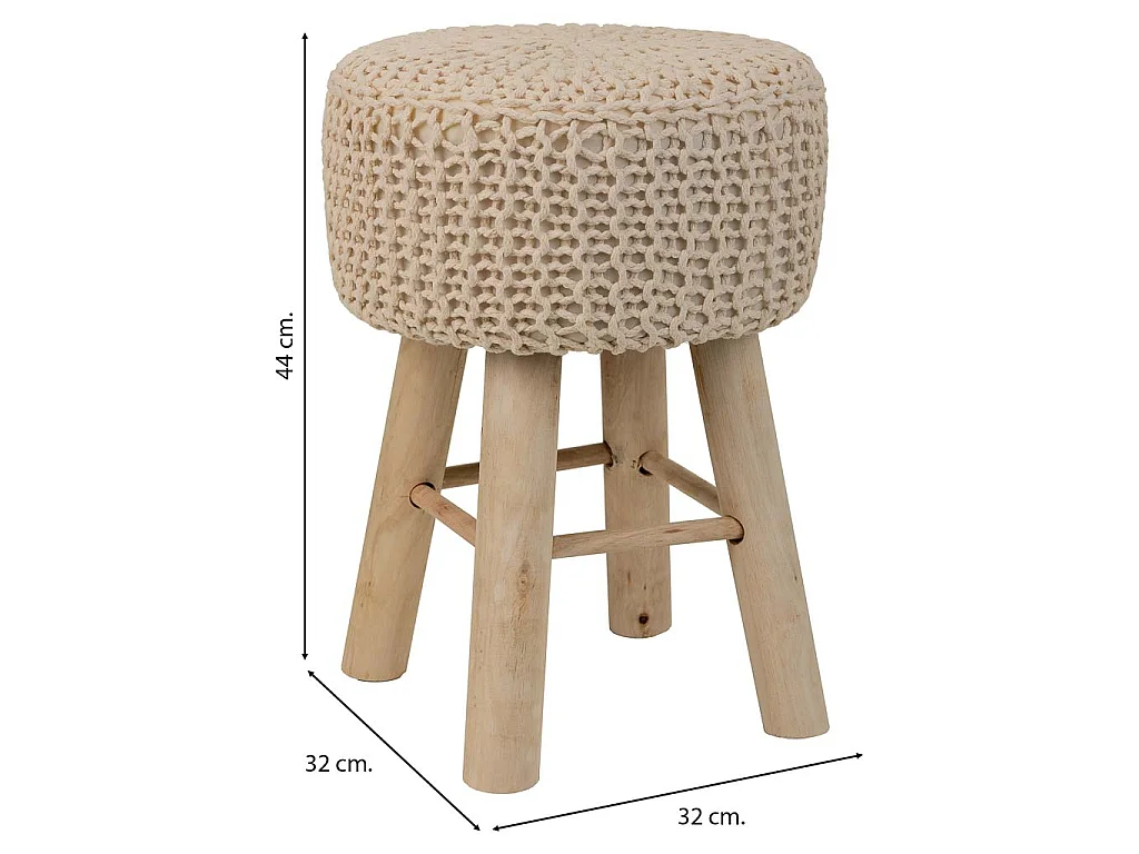 Taburete de madera y algodón trenzado marrón 32x32x44
