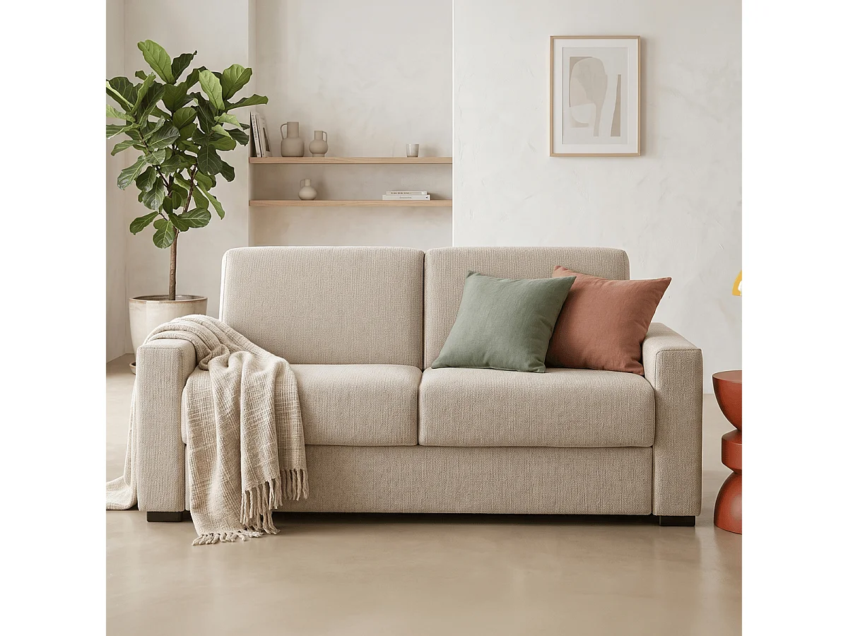 Canapé droit convertible 3 places en tissu chenille beige - ouverture express - Anzio