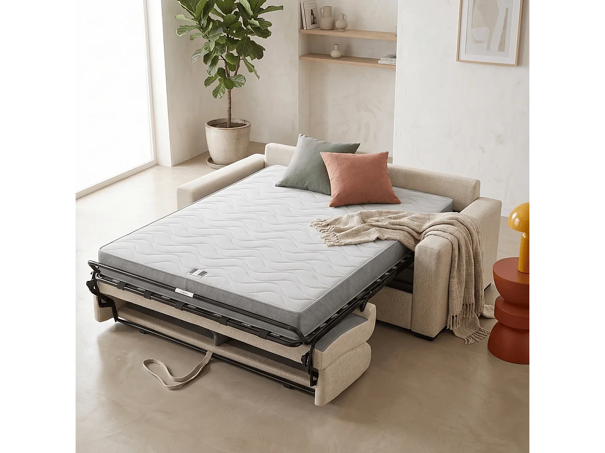 Canapé droit convertible 3 places en tissu chenille beige - ouverture express - Anzio