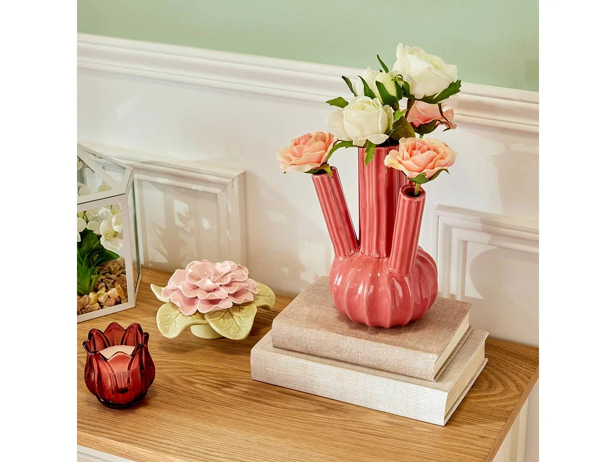 Vase Multiple en Dolomite "Fleur" 20cm Rose Foncé