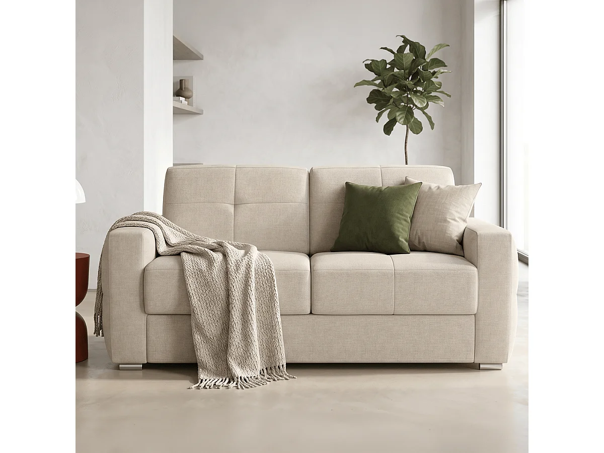 Canapé capitonné convertible 3 places en tissu chenille beige - ouverture express - Cassian