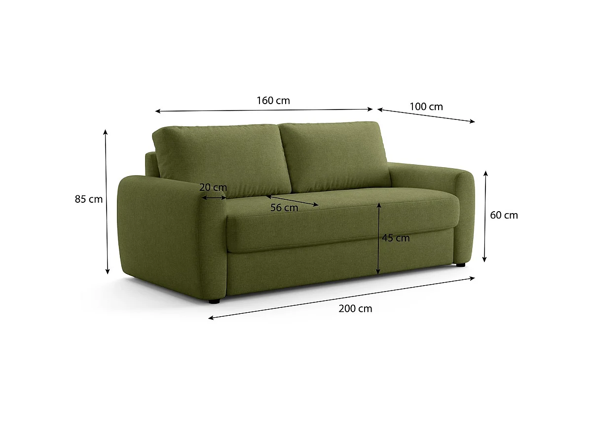 Canapé droit convertible 3 places en tissu chenille vert olive - ouverture express - Salvia