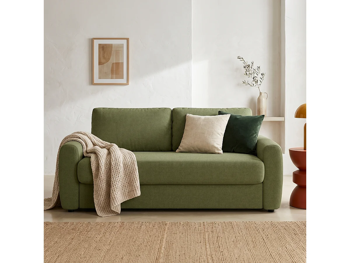 Canapé droit convertible 3 places en tissu chenille vert olive - ouverture express - Salvia