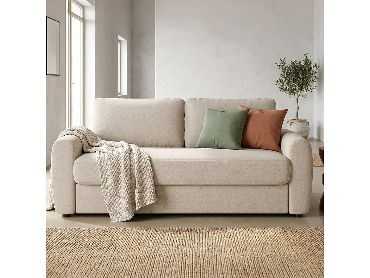Canapé droit convertible 3 places en tissu chenille beige - ouverture express - Salvia