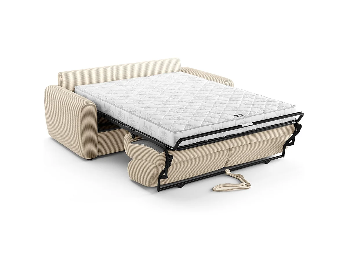 Canapé droit convertible 3 places en velours côtelé beige - ouverture express - Salvia