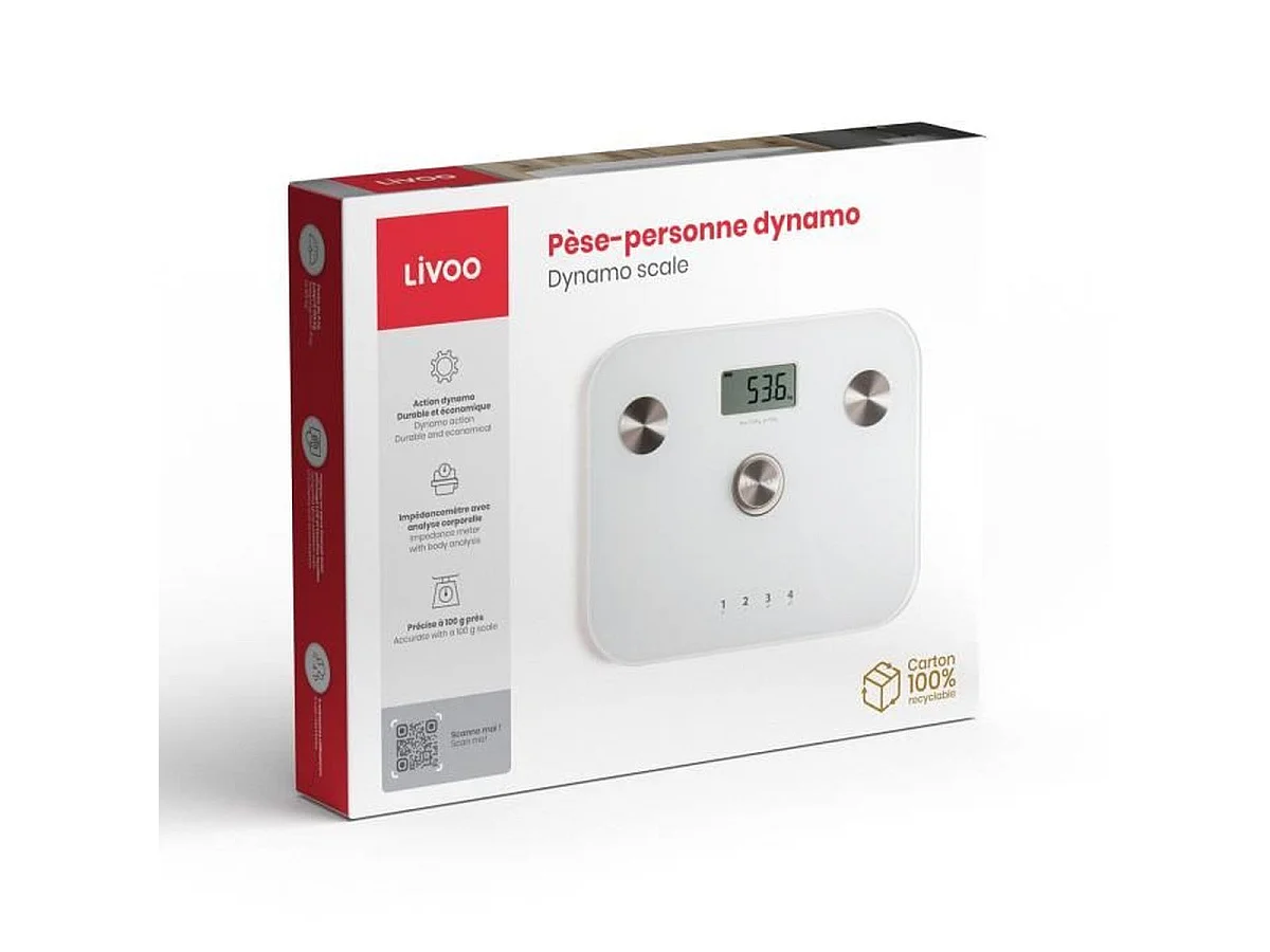 Pèse-personne impédancemètre LIVOO DOM465W sans pile (dynamo) 150 kg - Blanc