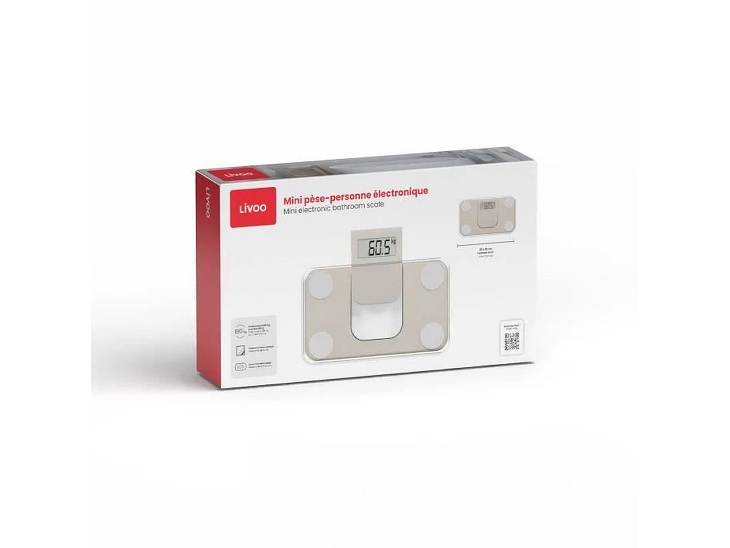 Mini pèse-personne électronique max 180 kg, LCD, verre trempé, marche-arrêt auto - Crème
