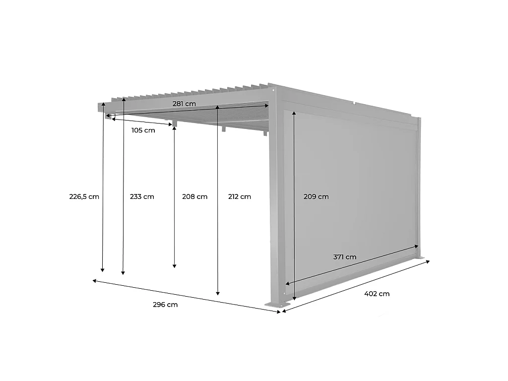 Pérgola bioclimática de aluminio adosada 4x3m + 1 toldo 4m antracita