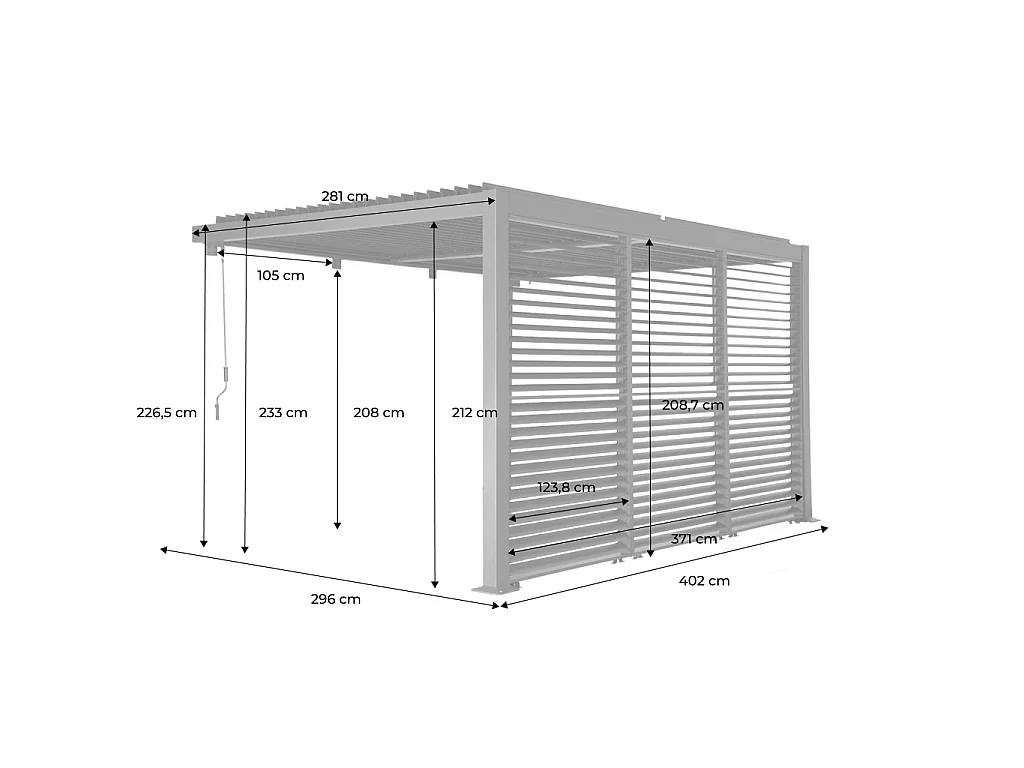 Pérgola bioclimática de aluminio adosada 4x3m + 3 persianas 130cm