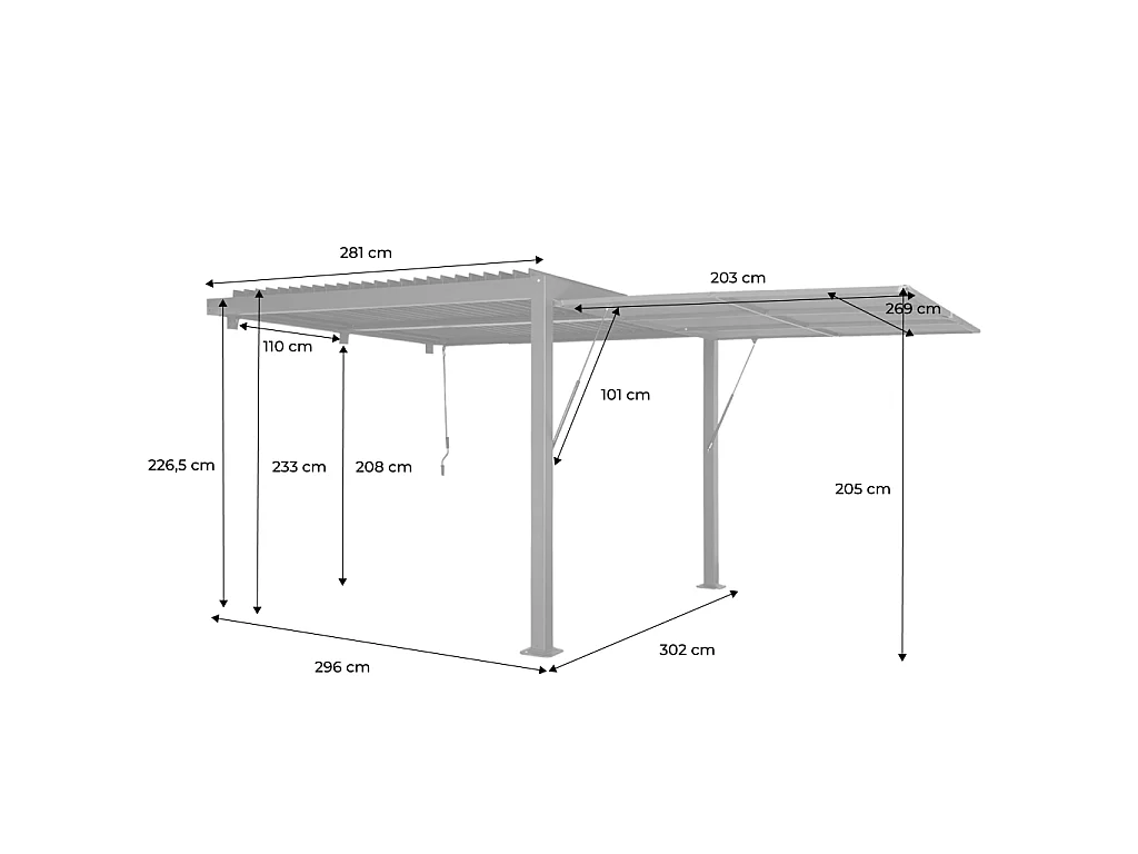 Pérgola bioclimática de aluminio adosada 3x3m + toldo 3m antracita