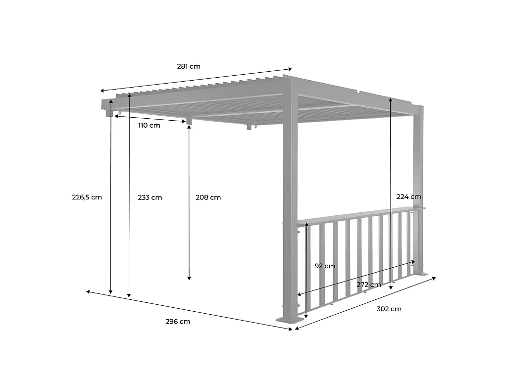 Pérgola bioclimática de aluminio adosada 3x3m + 1 barra 3m antracita