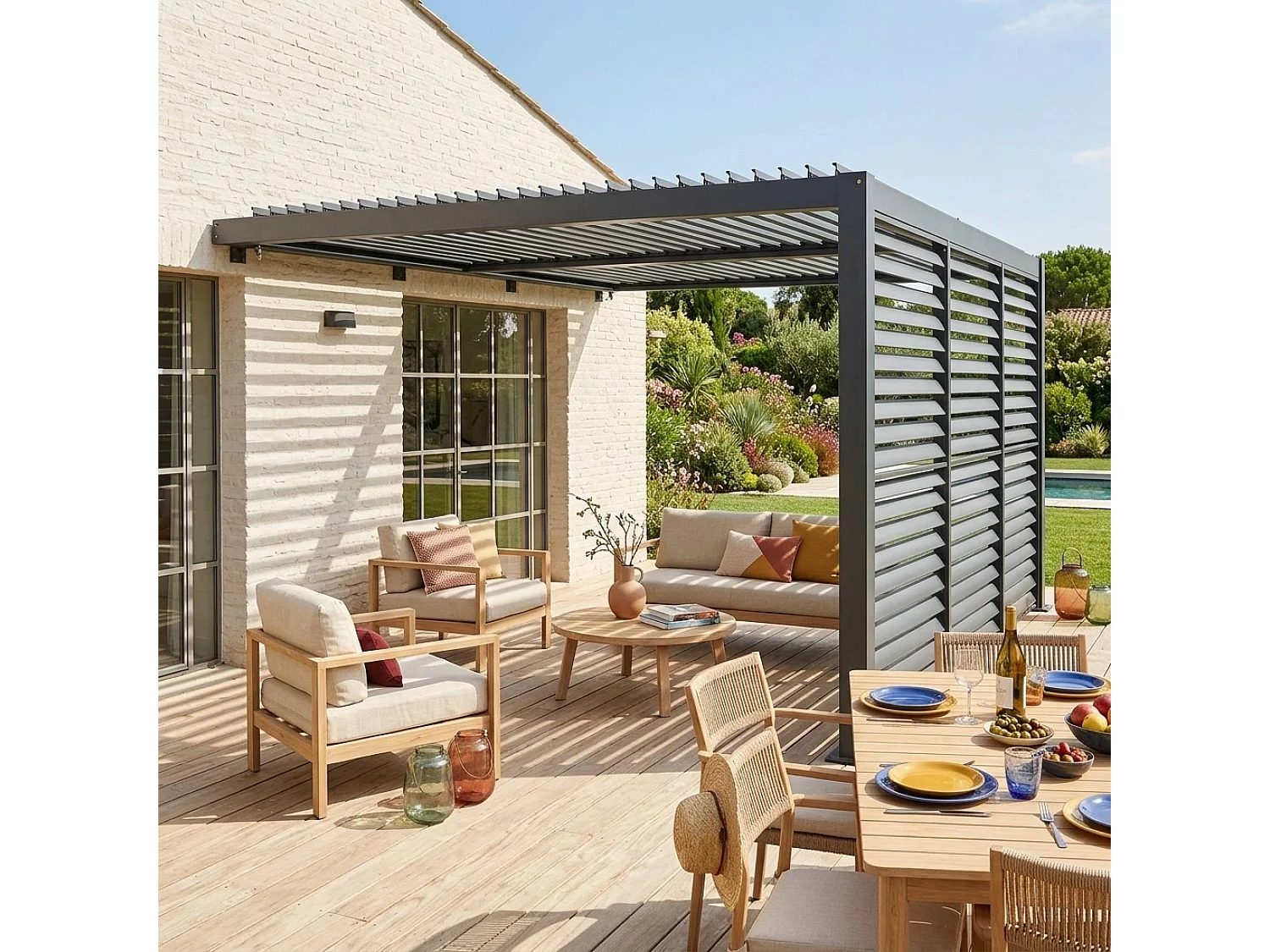 Pérgola bioclimática de aluminio adosada 4x3m + 3 persianas 130cm