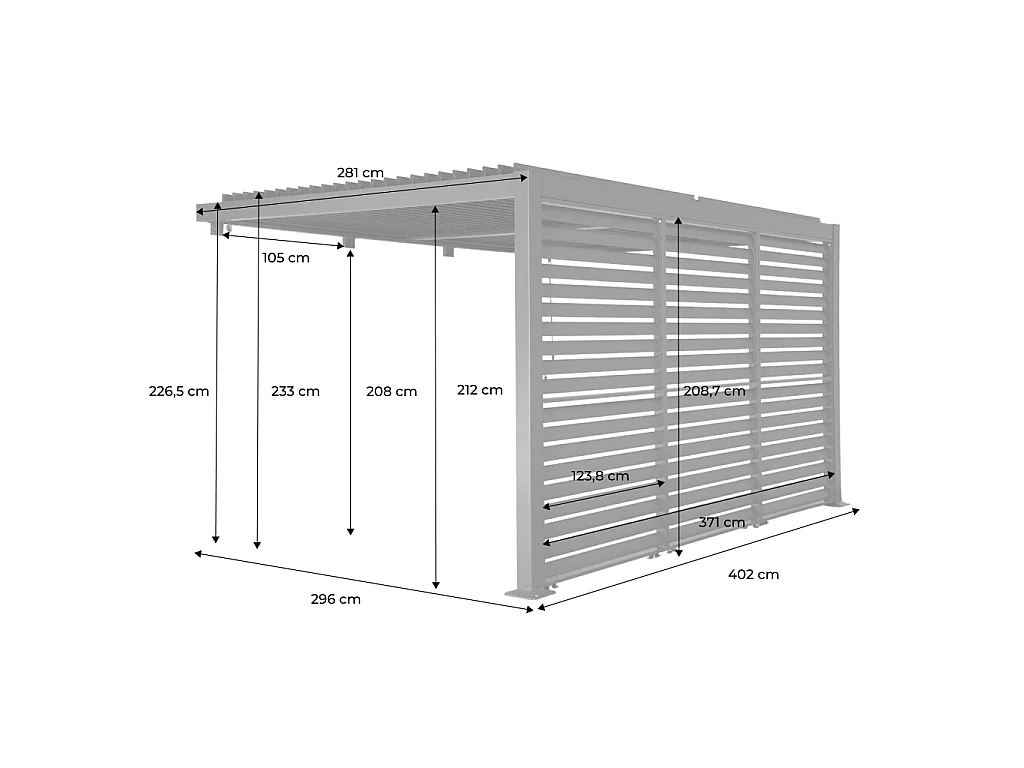 Pérgola bioclimática de aluminio adosada 4x3m + 3 persianas 130cm