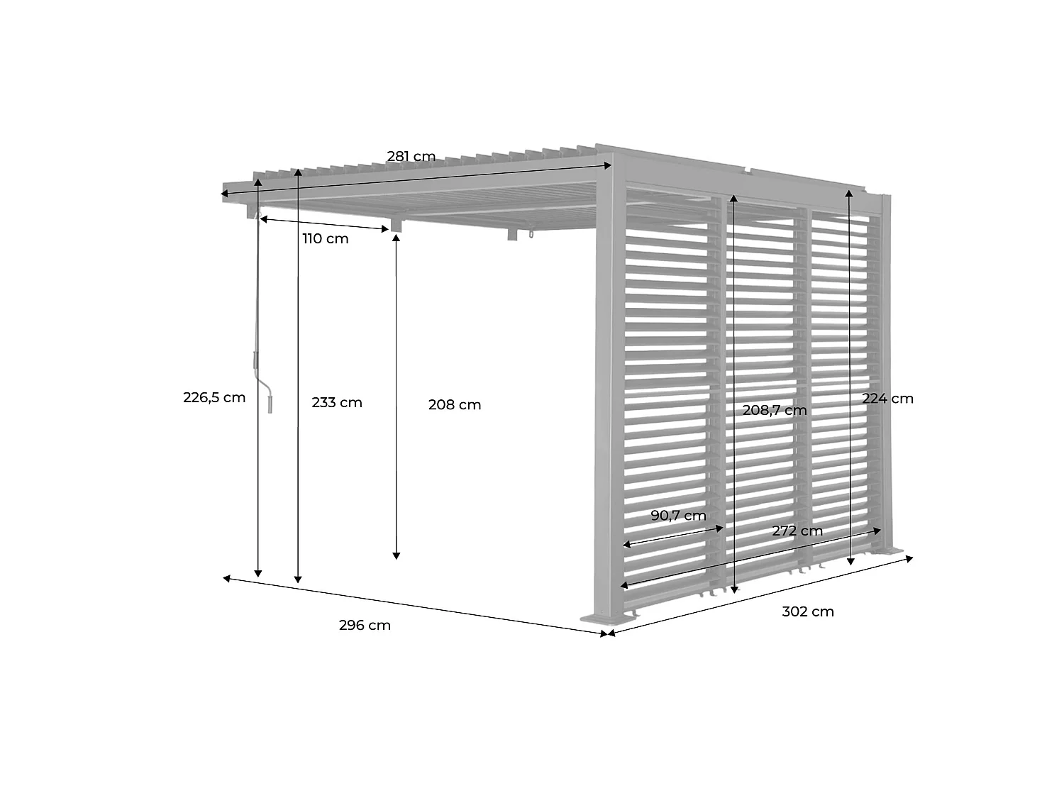 Pérgola bioclimática de aluminio adosada 3x3m + 3 persianas 100cm