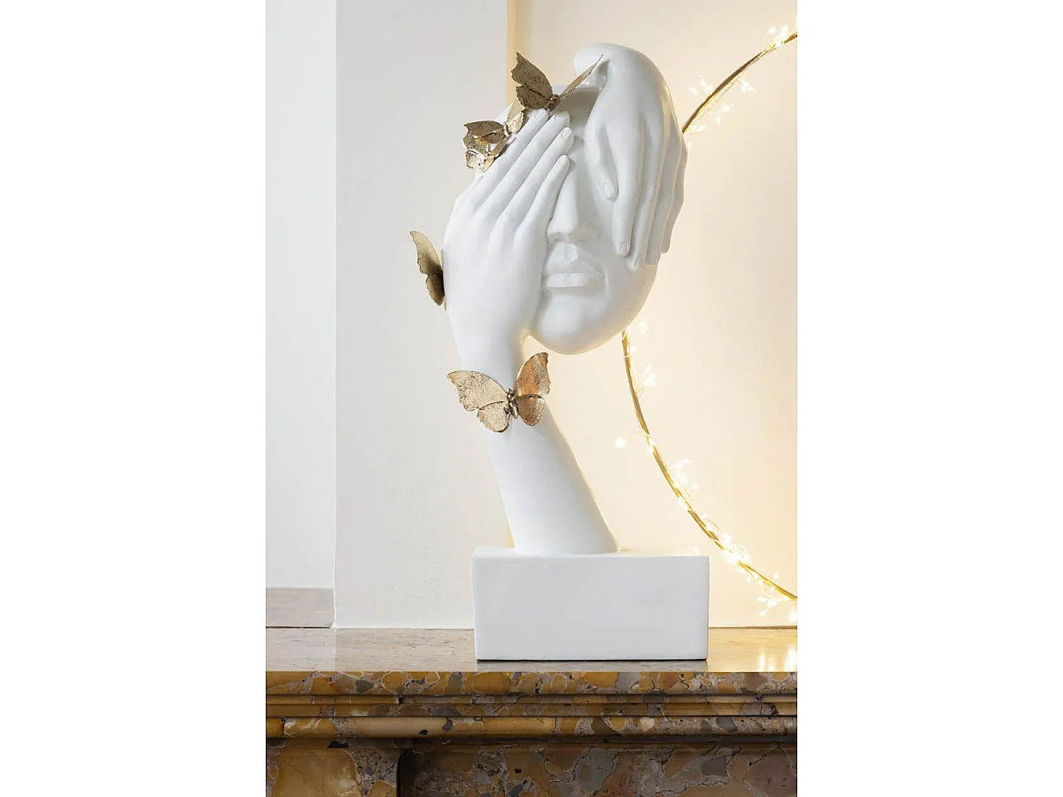 Statuette Déco Visage "Papillons" 54cm Blanc