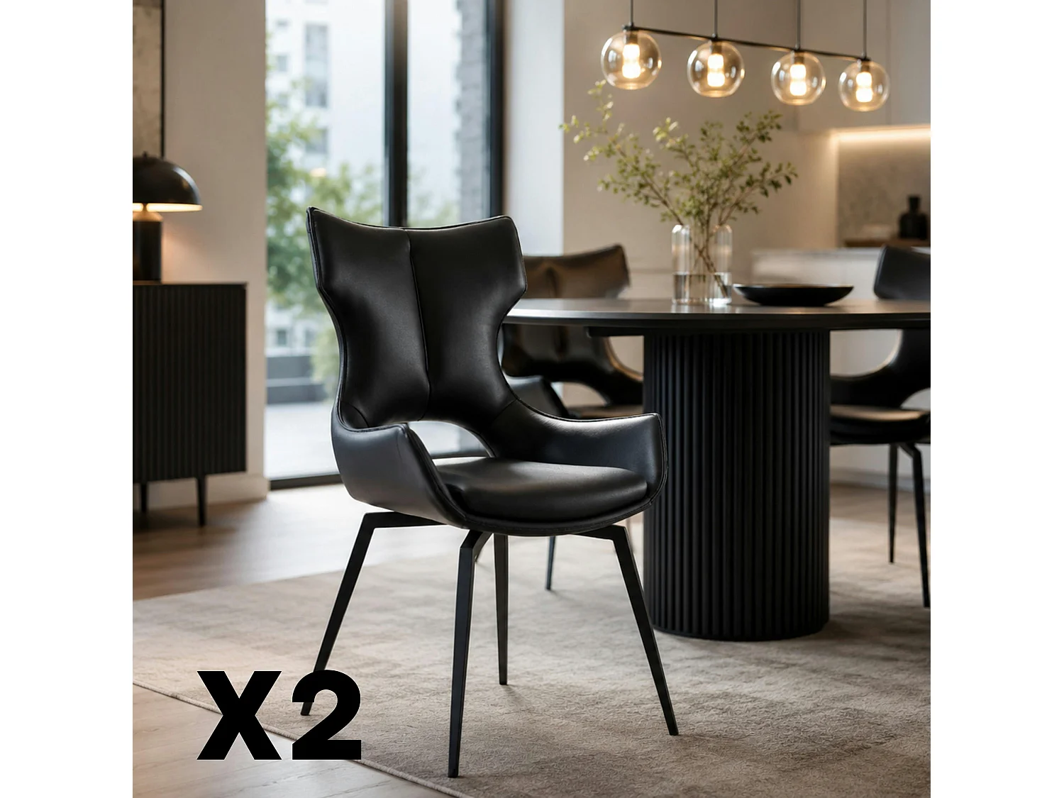Chaise pivotante cuir noir dossier ouvert (lot de 2) LOMBARDIE