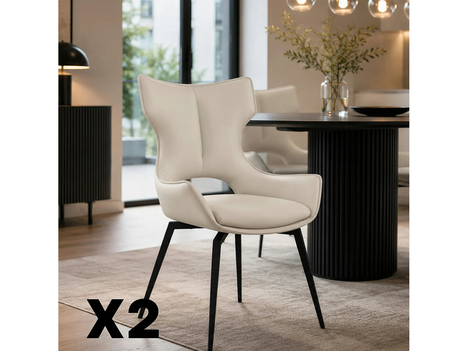 Chaise pivotante cuir ivoire dossier ouvert (lot de 2) LOMBARDIE