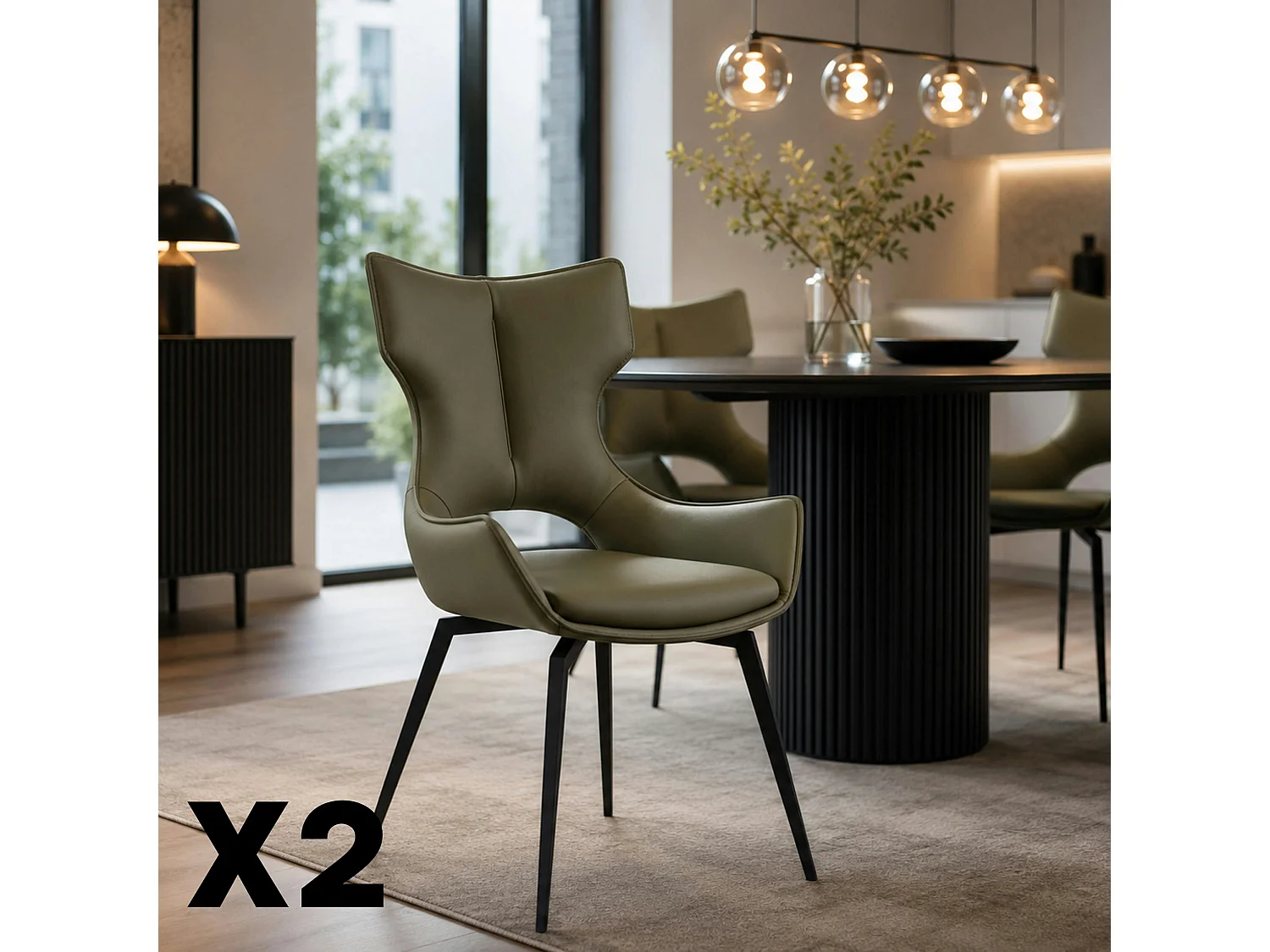 Chaise pivotante cuir vert dossier ouvert (lot de 2) LOMBARDIE