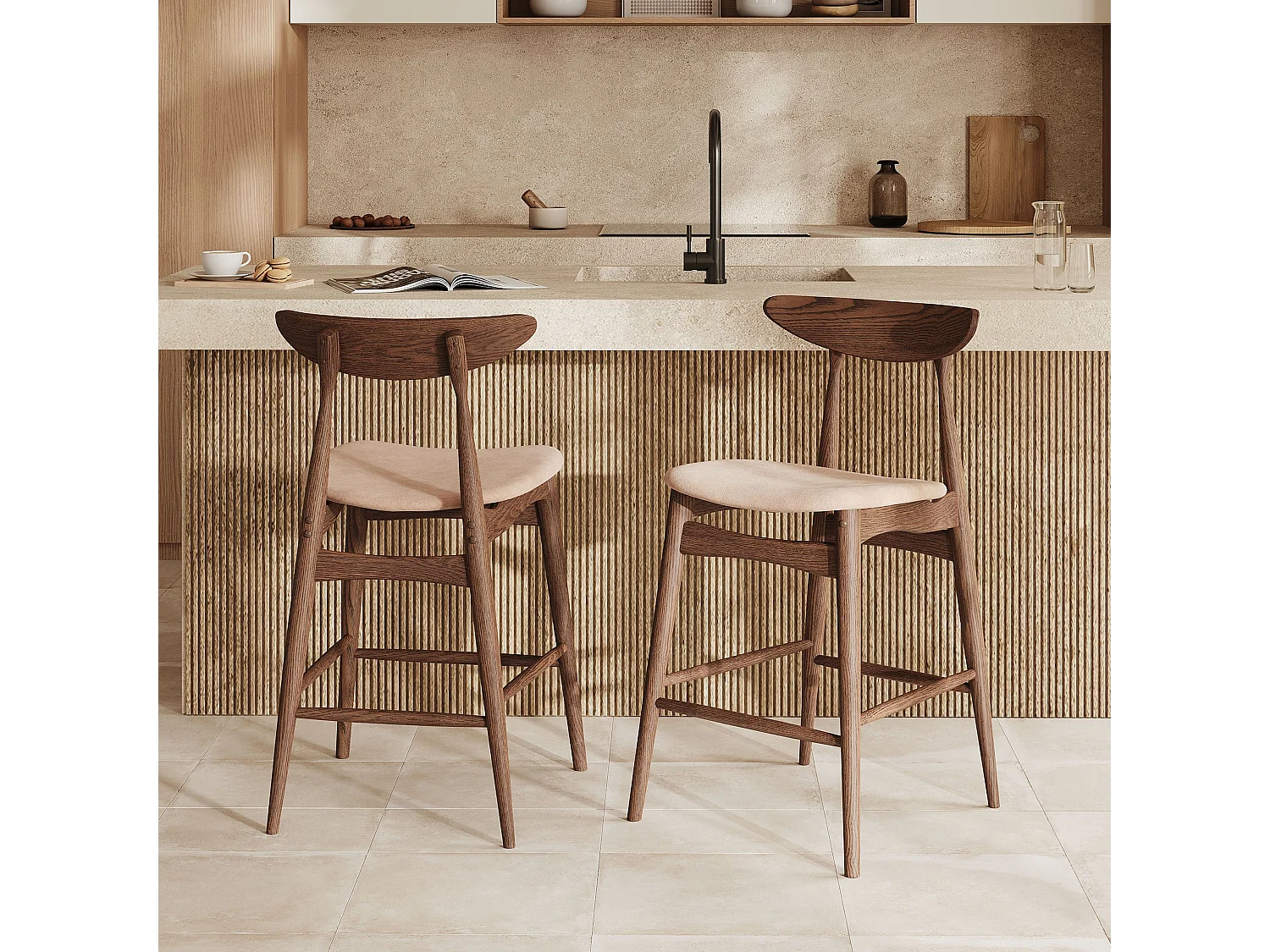 2er Set Stühle für 63,5 cm Insel in beige Stoff und Holz - Josette