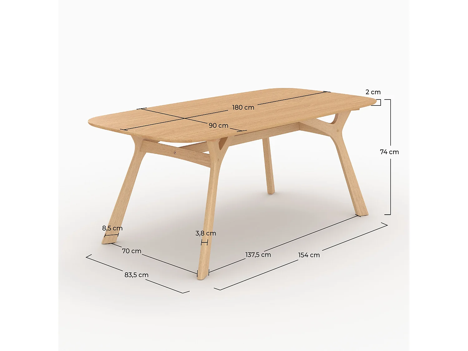Table rectangulaire 6 places en bois d'hévéa massif et placage 180 cm - Paula