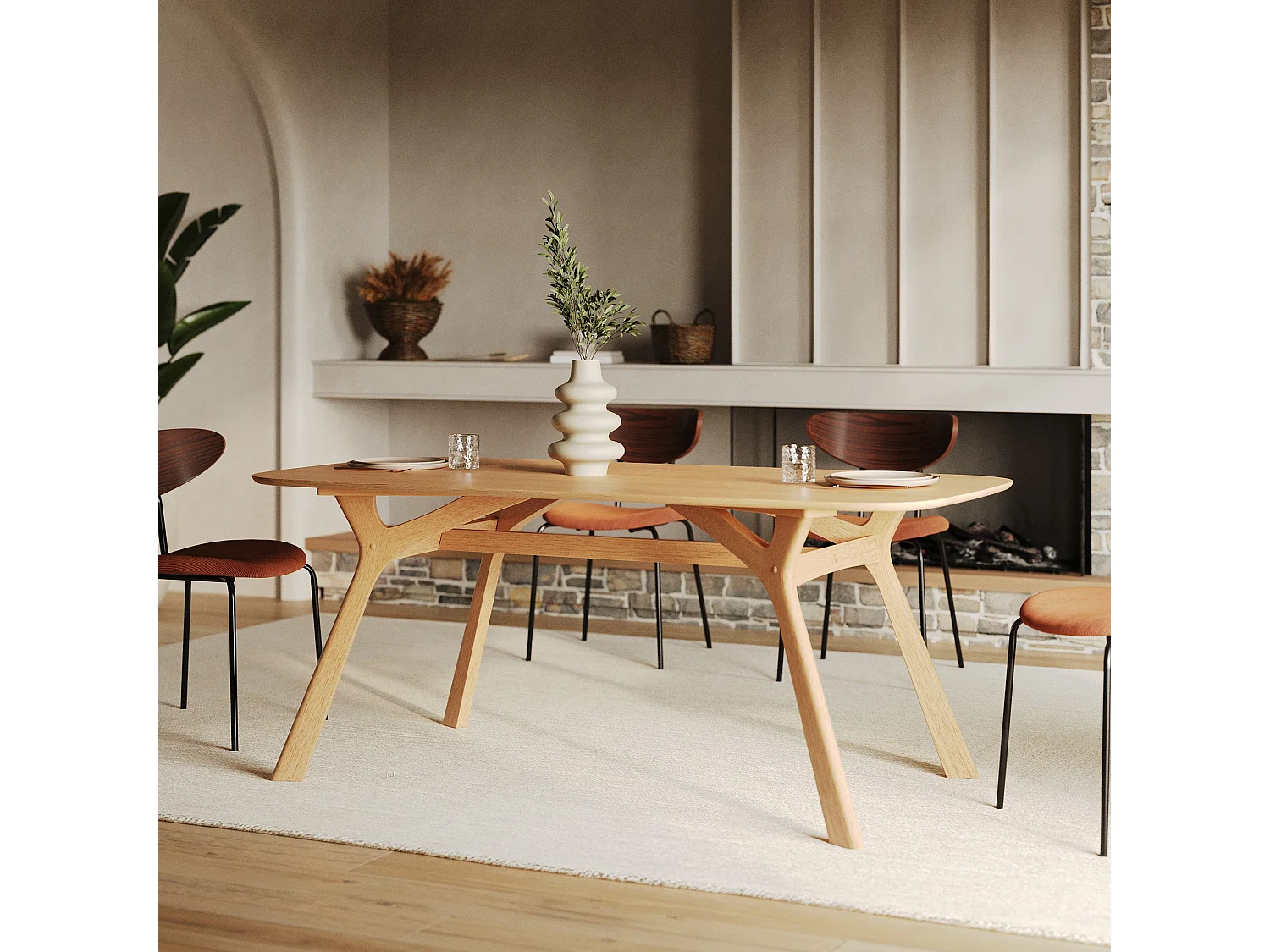 Table rectangulaire 6 places en bois d'hévéa massif et placage 180 cm - Paula