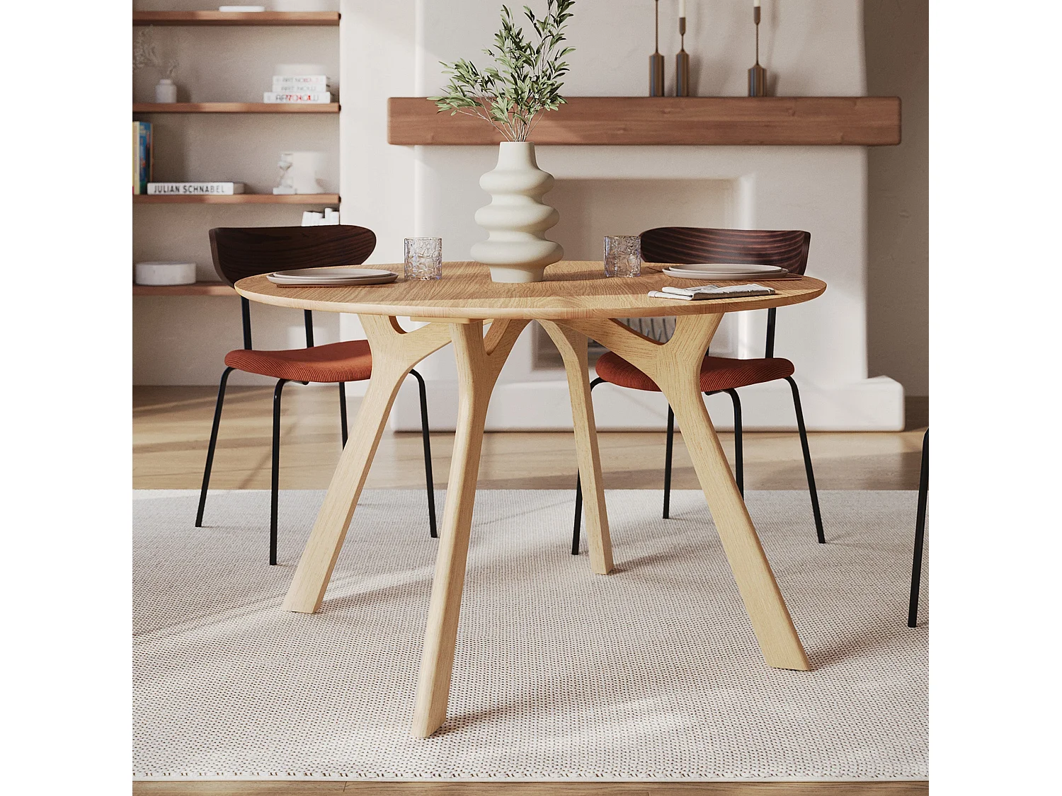 Table ronde 4 personnes en bois d'hévéa massif et placage D120 cm - Izzi