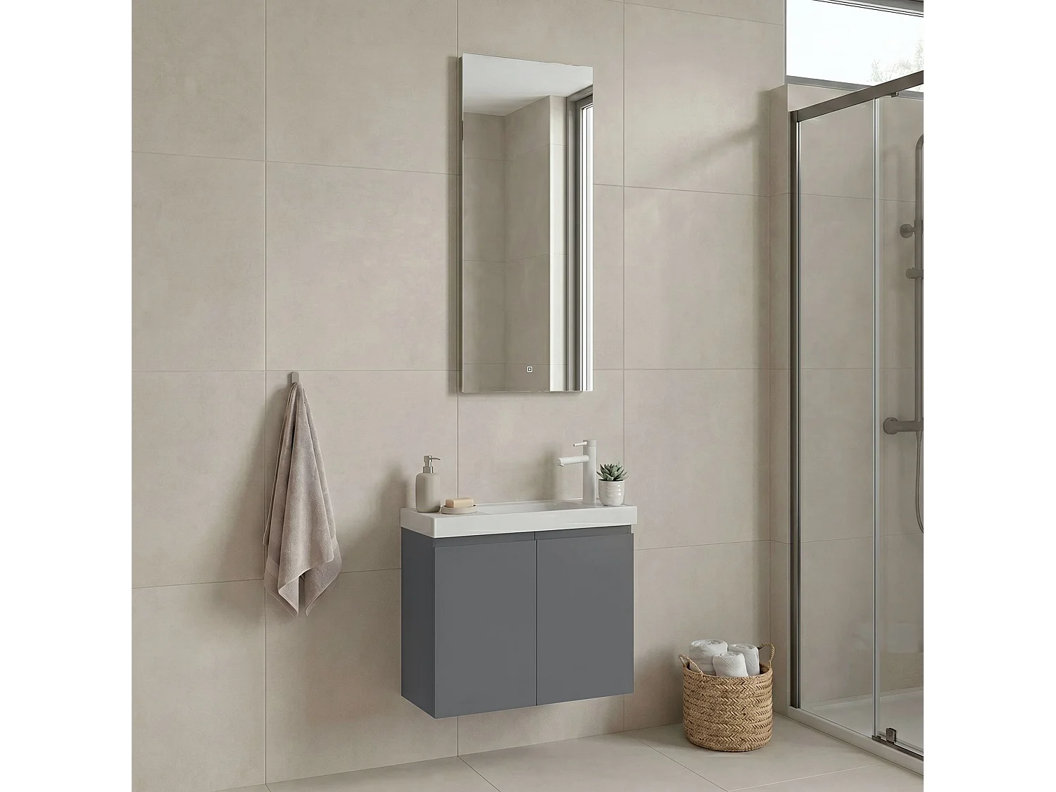 Ensemble Meuble Vasque avec Miroir (2 Pièces) "Ferla 60" - 60 x 22 x 50 cm - Matte Grey