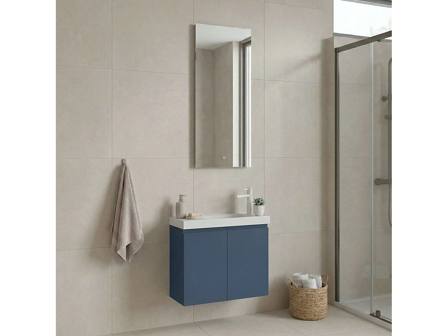 Ensemble Meuble Vasque avec Miroir (2 Pièces) "Ferla 60" - 60 x 22 x 50 cm - Matte Blue