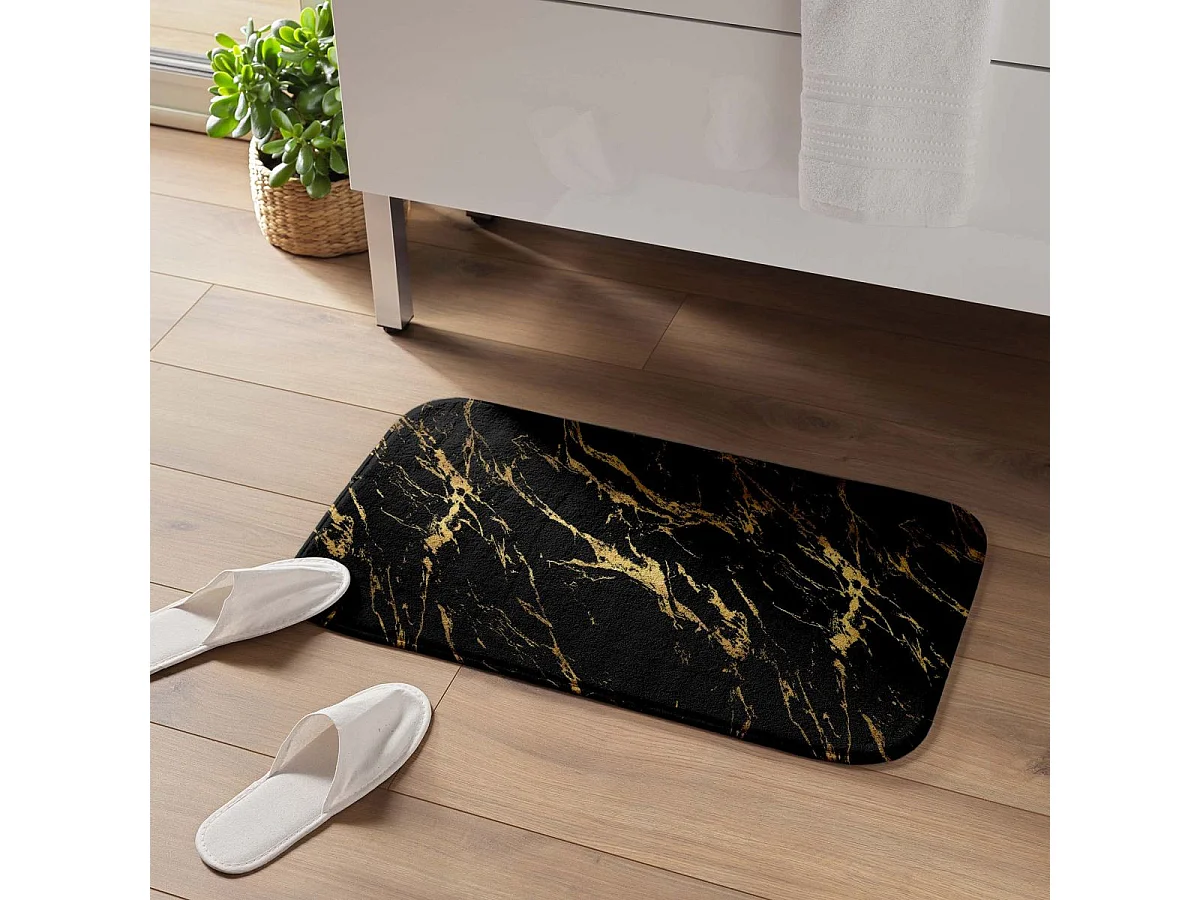 Tapis de Bain Imprimé "Aquamarbre" 45x75cm Noir & Or