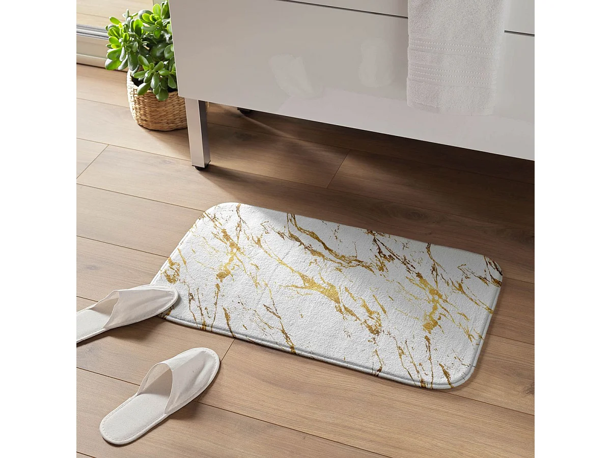 Tapis de Bain Imprimé "Aquamarbre" 45x75cm Blanc & Or