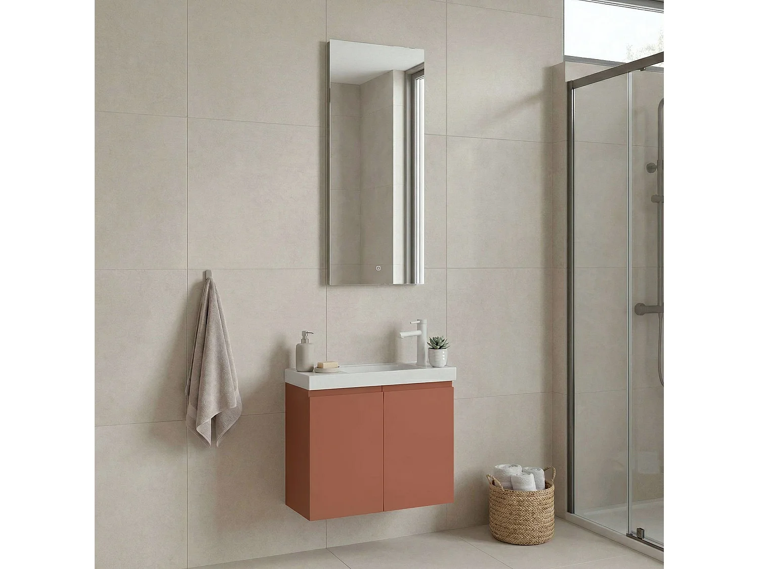 Ensemble Meuble Vasque avec Miroir (2 Pièces) "Ferla 60" - 60 x 22 x 50 cm - Matte Cinnamon