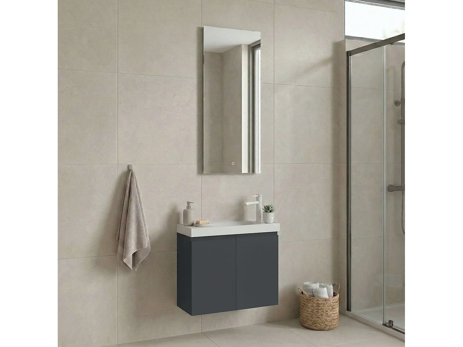 Ensemble Meuble Vasque avec Miroir (2 Pièces) "Ferla 60" - 60 x 22 x 50 cm - Matte Anthracite