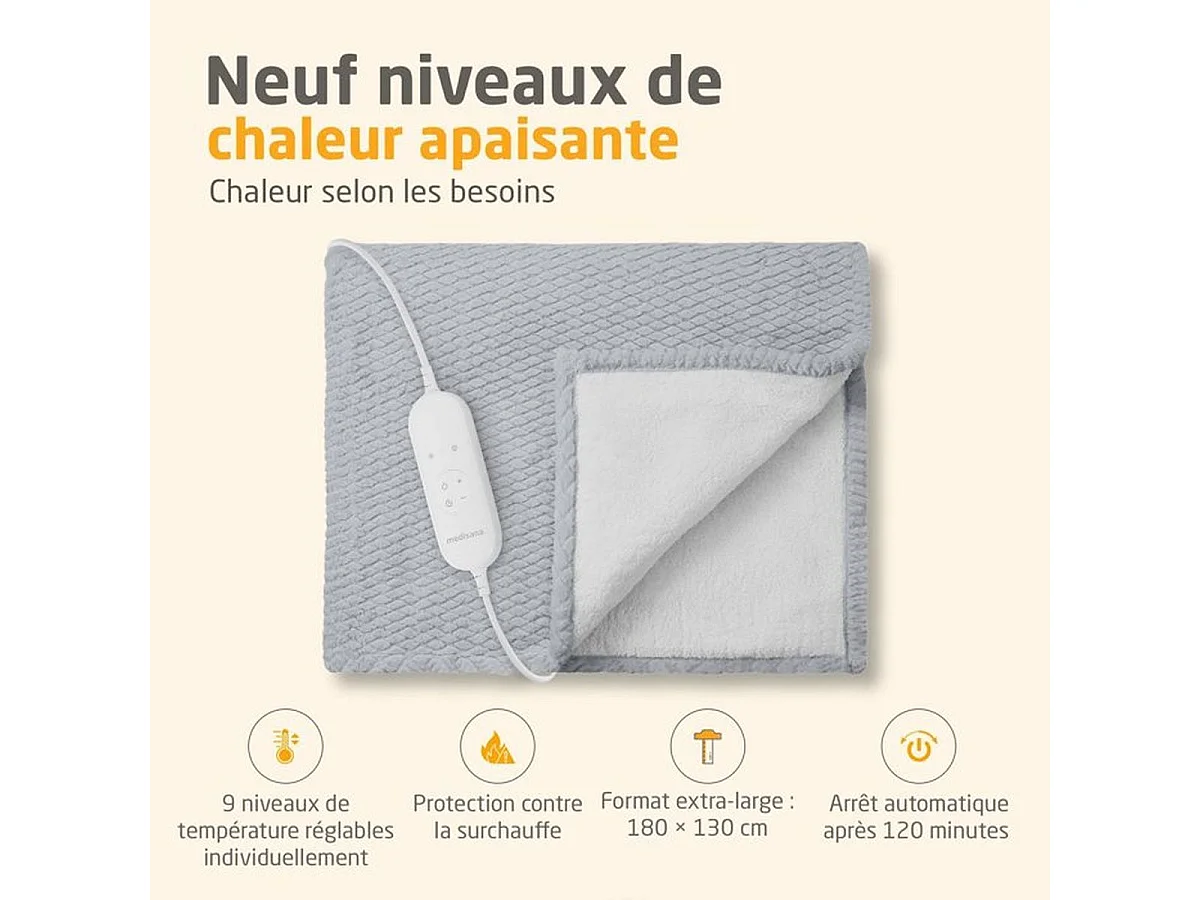 Couverture chauffante réversible MEDISANA HB 416 120 W, 9 réglages, 180 x 130 cm - Gris
