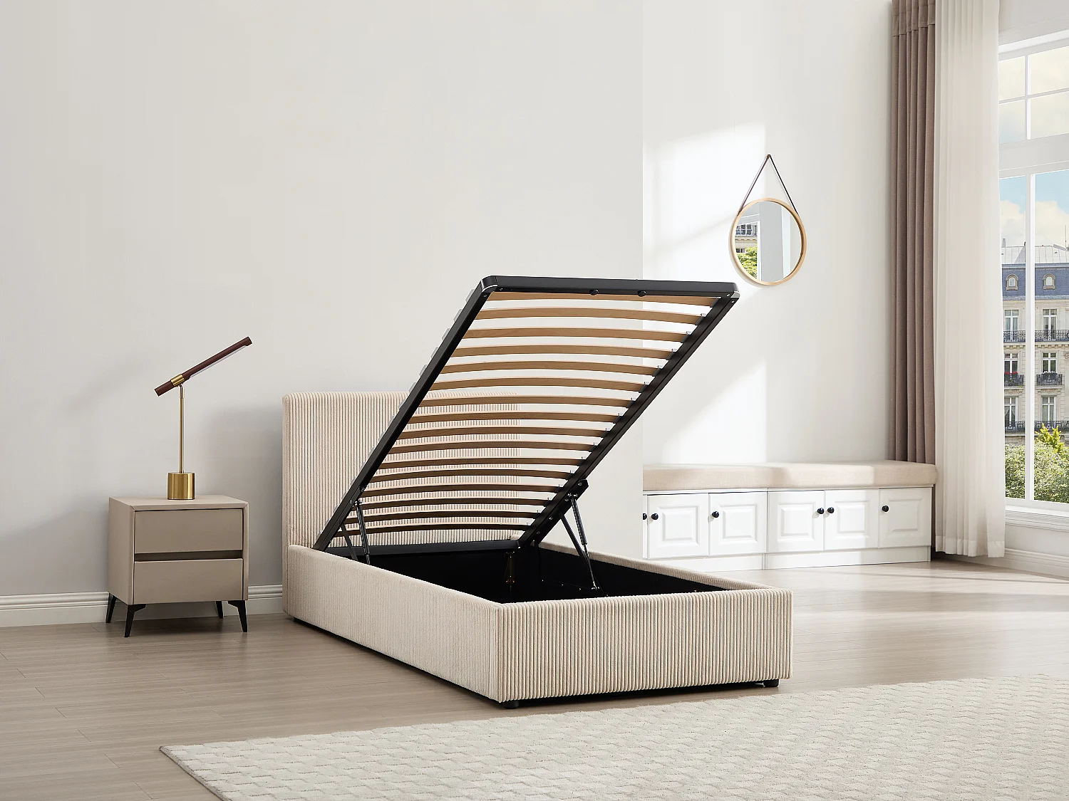 Lit coffre 90 x 190 cm – Velours côtelé – Crème - VALME
