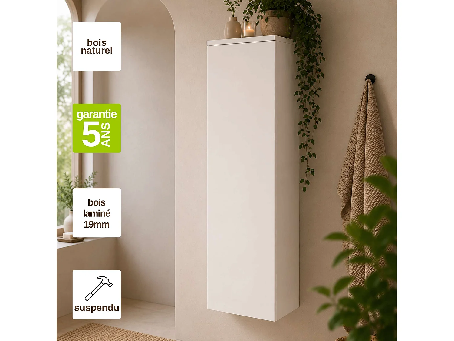 Colonne de rangement salle de bain Blanc Mat l.35 x P.25 x H.110 cm - NOFER BM