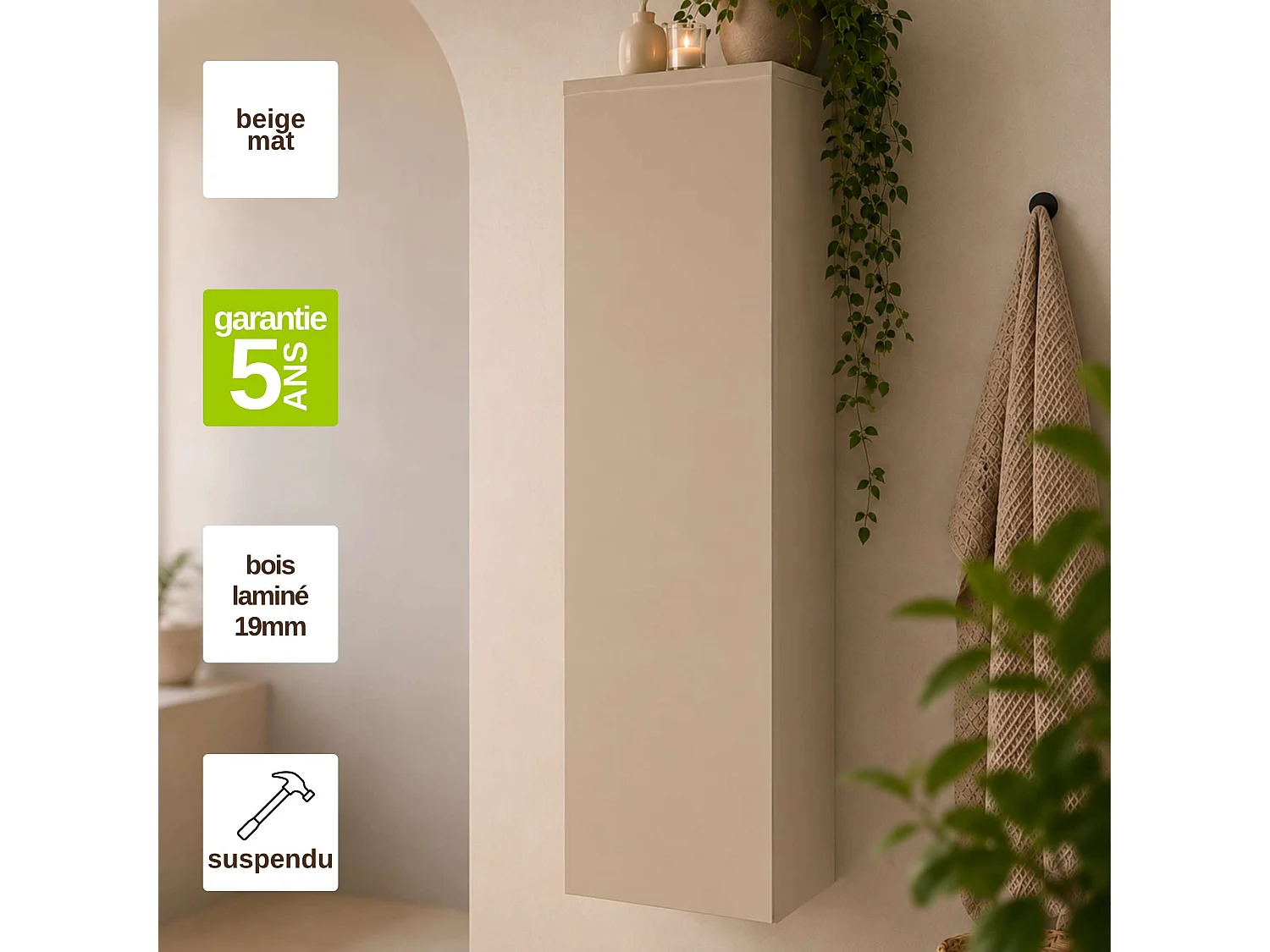 Colonne de rangement salle de bain Grège Mat l.35 x P.25 x H.110 cm - NOFER GB