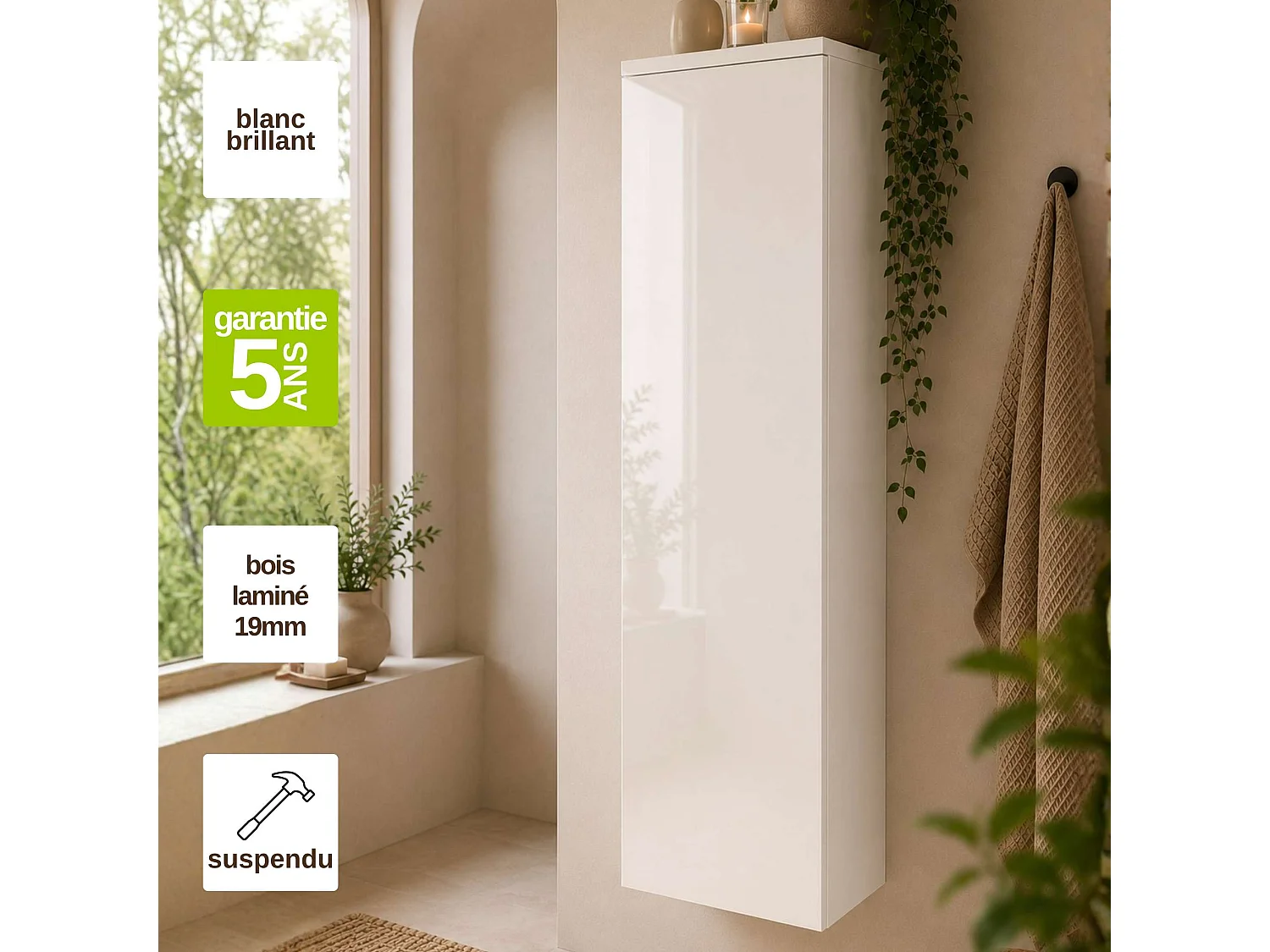 Colonne de rangement salle de bain Blanc Brillant l.35 x P.25 x H.160 cm - NOFER 16BB