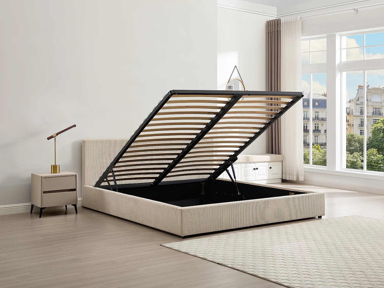 Lit coffre 200 x 200 cm - Velours côtelé – Crème - VALME