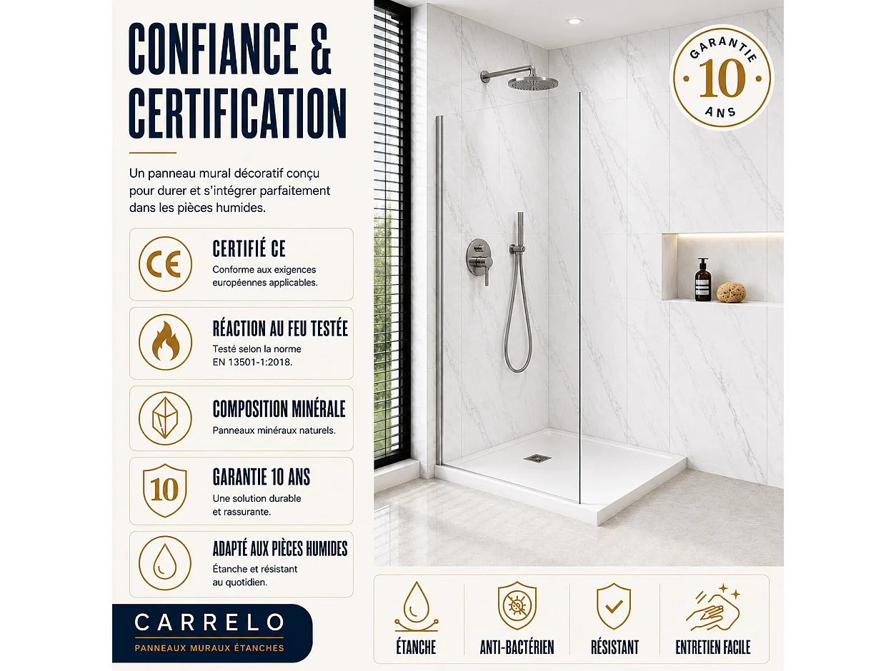 Pack de 3 panneaux muraux de salle de bain marbre blanc