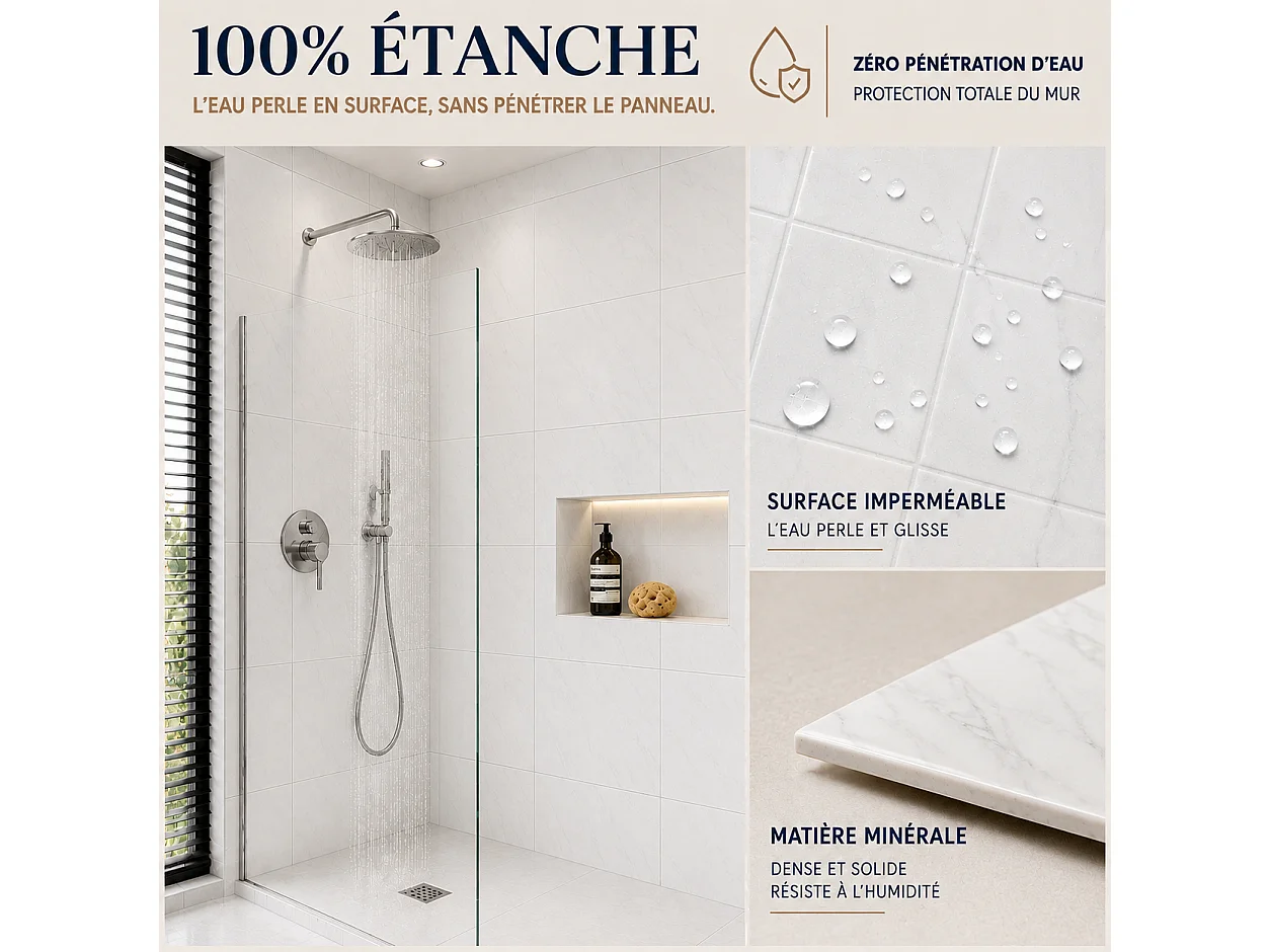 Pack de 3 panneaux muraux de salle de bain marbre blanc