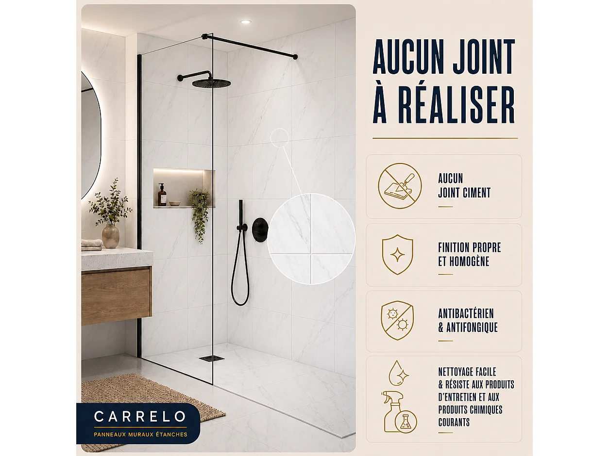Pack de 3 panneaux muraux de salle de bain marbre blanc