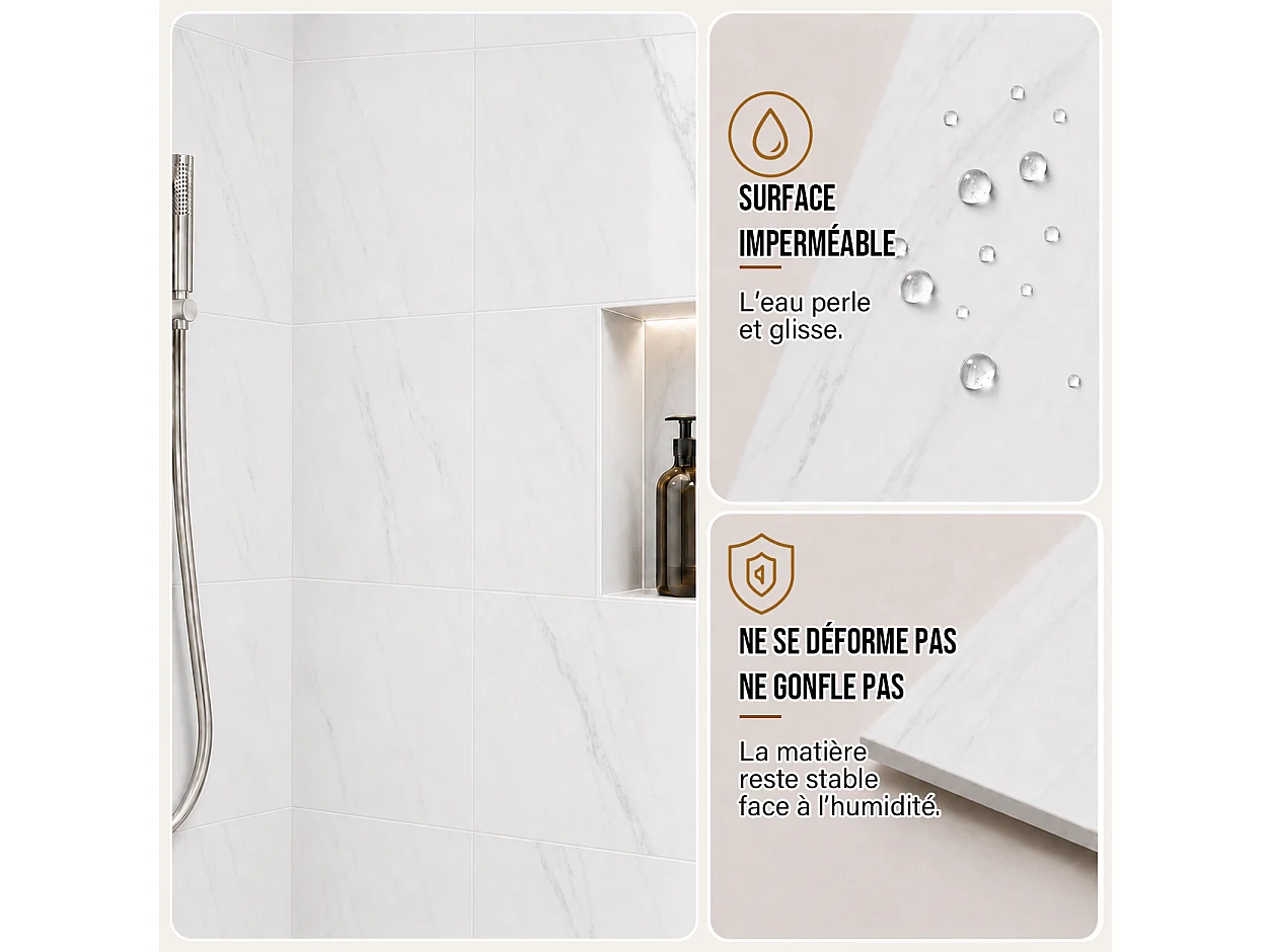 Pack de 3 panneaux muraux de salle de bain marbre blanc