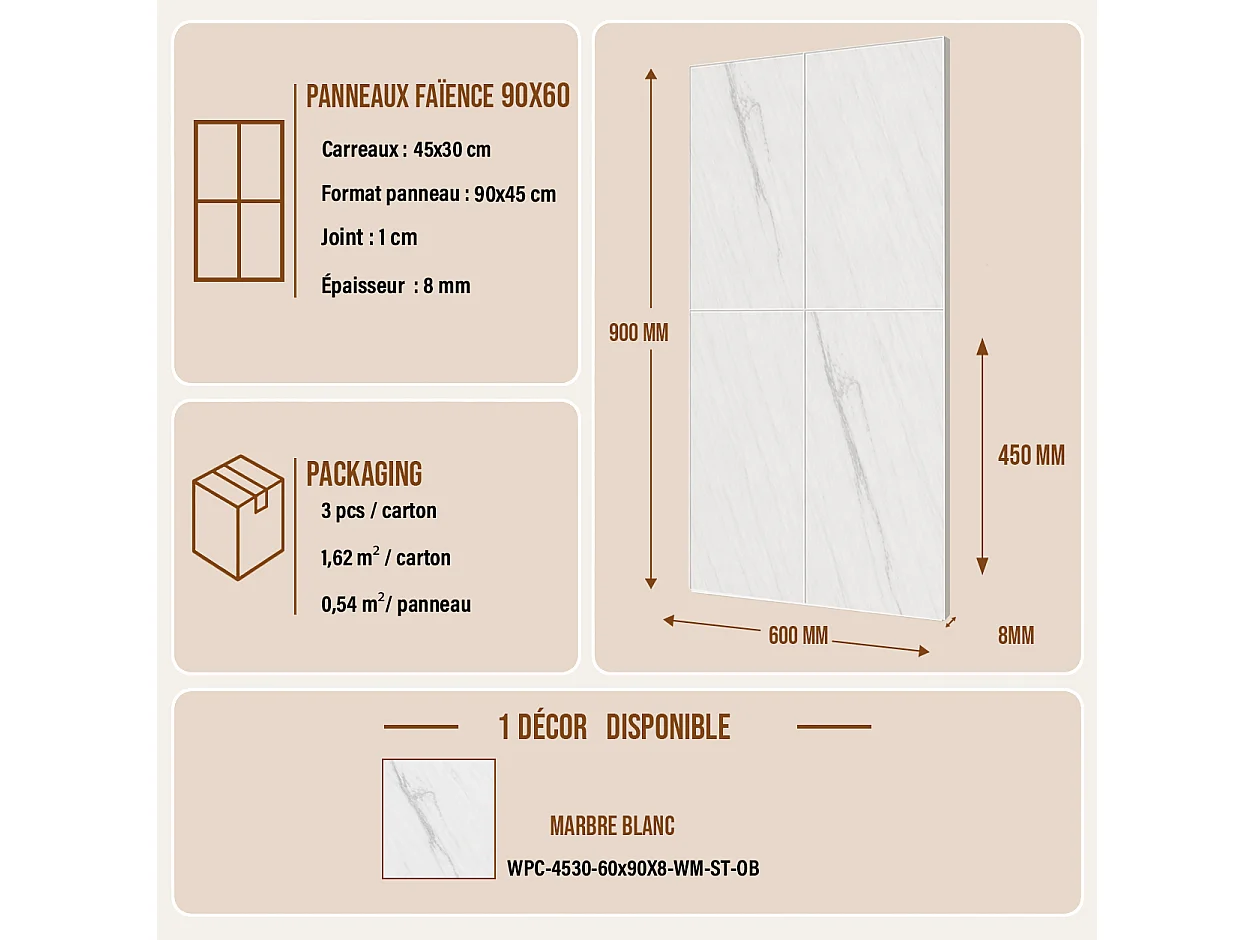 Pack de 3 panneaux muraux de salle de bain marbre blanc