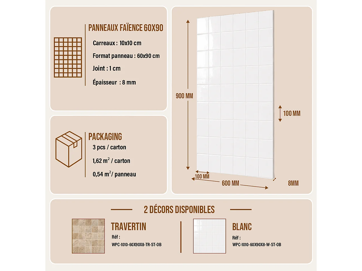 Pack de 3 panneaux muraux de salle de bain carrelage blank