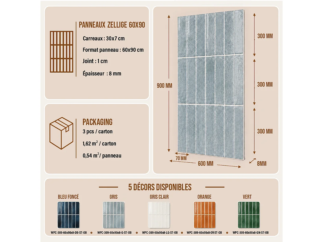 Pack de 3 panneaux muraux de salle de bain carrelage gris