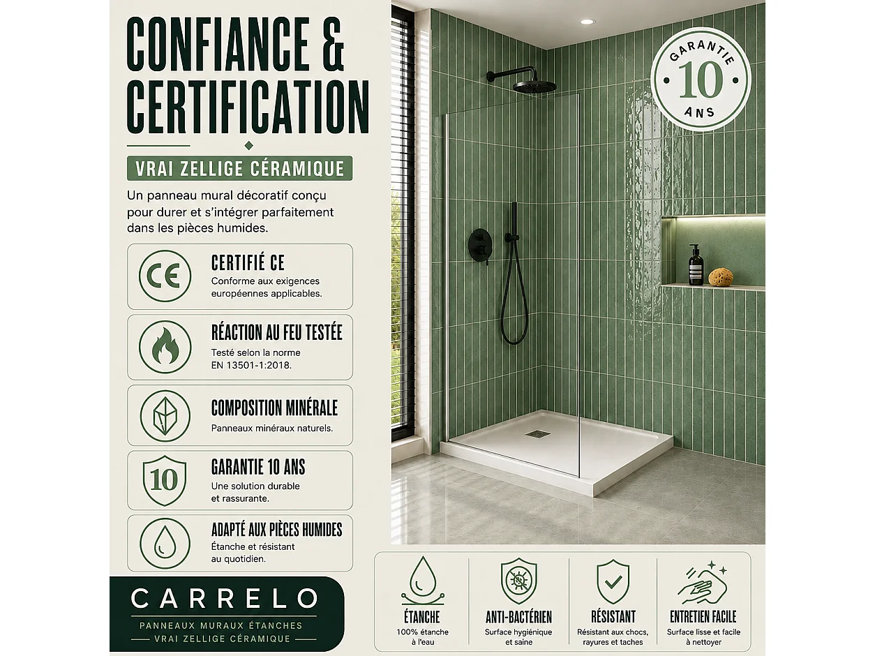 Pack de 3 panneaux muraux de salle de bain carrelage vert