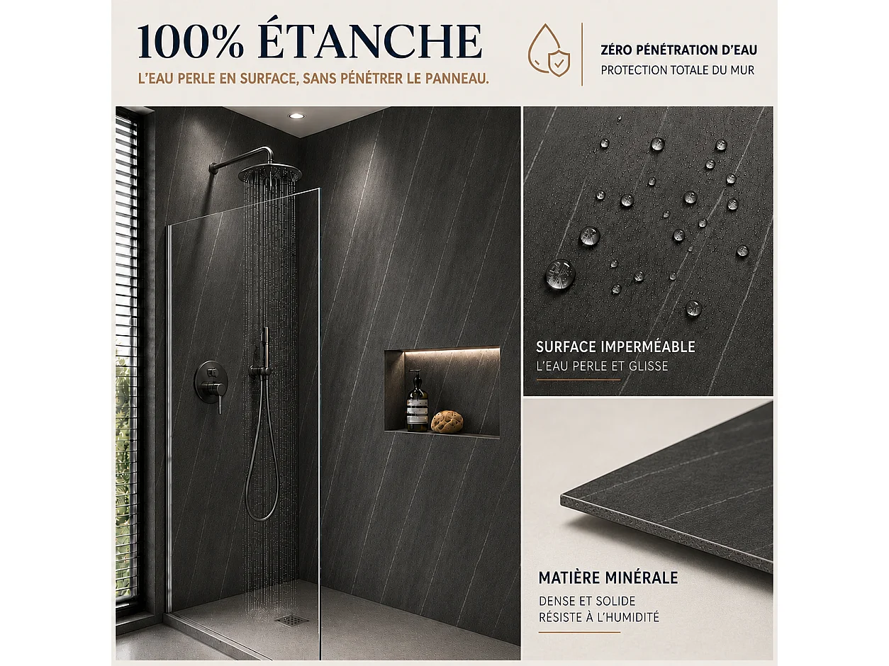 Panneau mural de salle de bain effet marbre noir