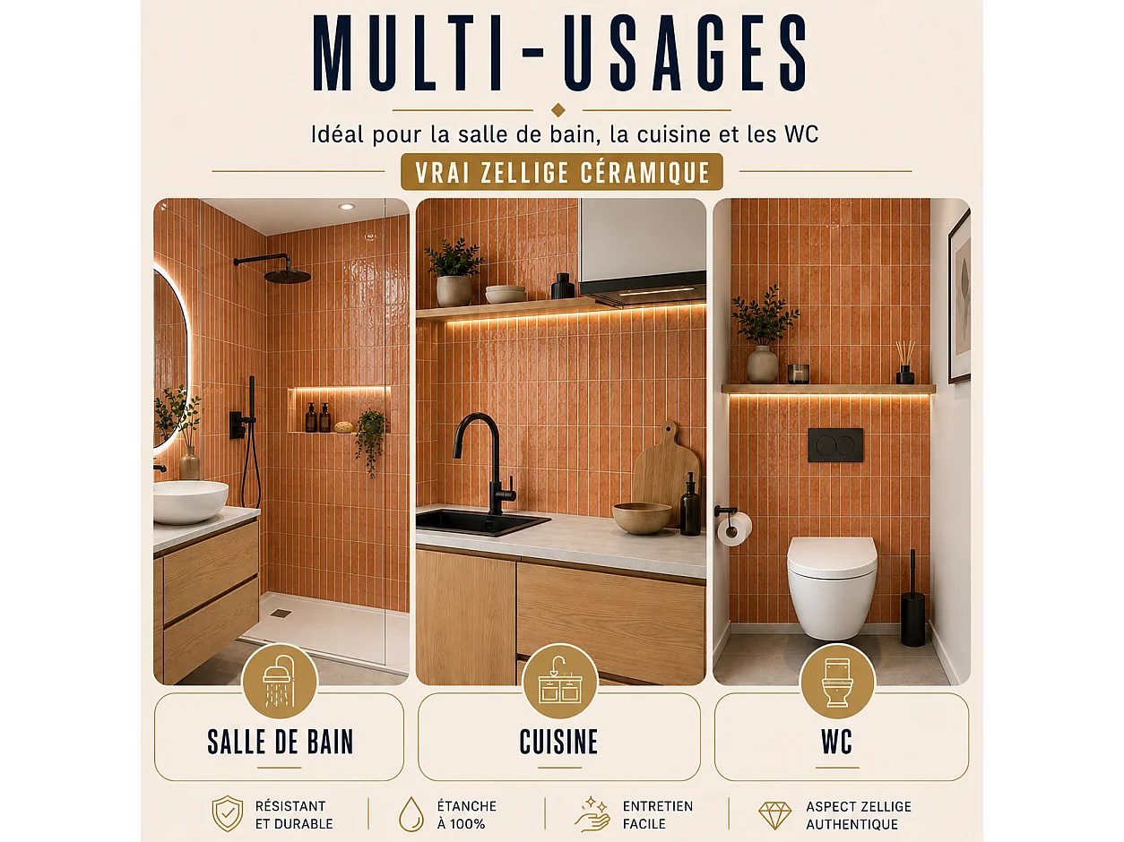 Pack de 3 panneaux muraux de salle de bain carrelage orange